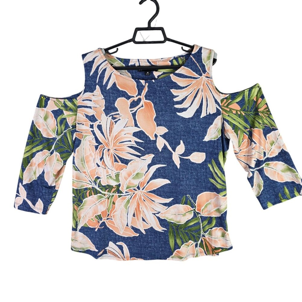Womens N Touch Blue Peach Green Floral Blouse Cold Shoulder Size M